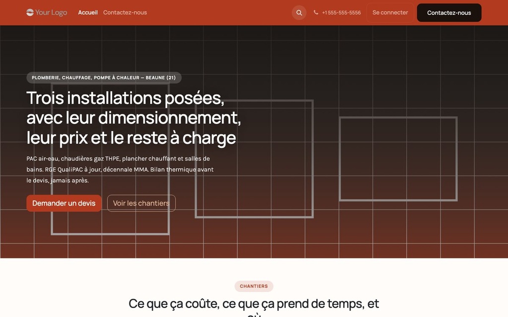 Capture d'écran — Thème Flamme — Plomberie, chauffage et pompe à chaleur (gratuit)
