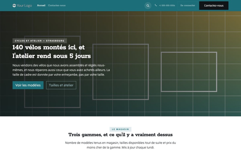 Capture d'écran — Thème Guidon — Magasin de vélos et atelier de réparation (gratuit)