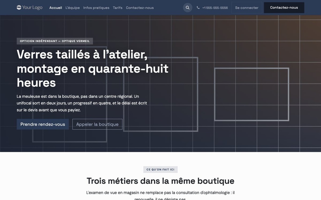 Capture d'écran — Thème Focale — Opticien indépendant (complet)