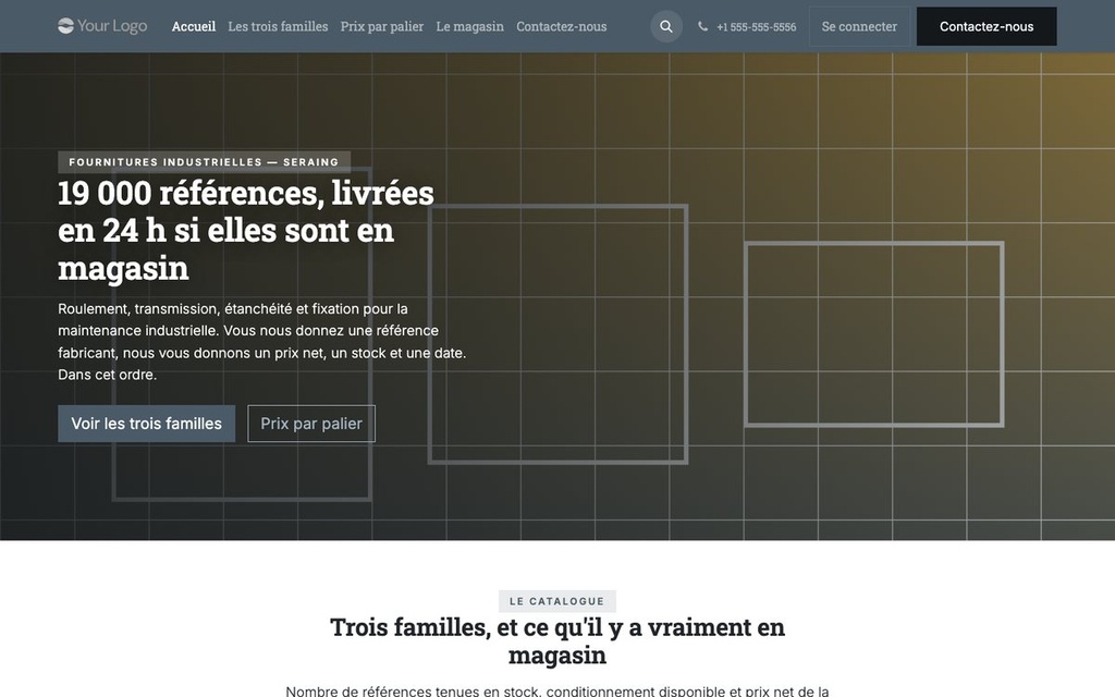 Capture d'écran — Thème Roulement — Négoce de fournitures industrielles (complet)