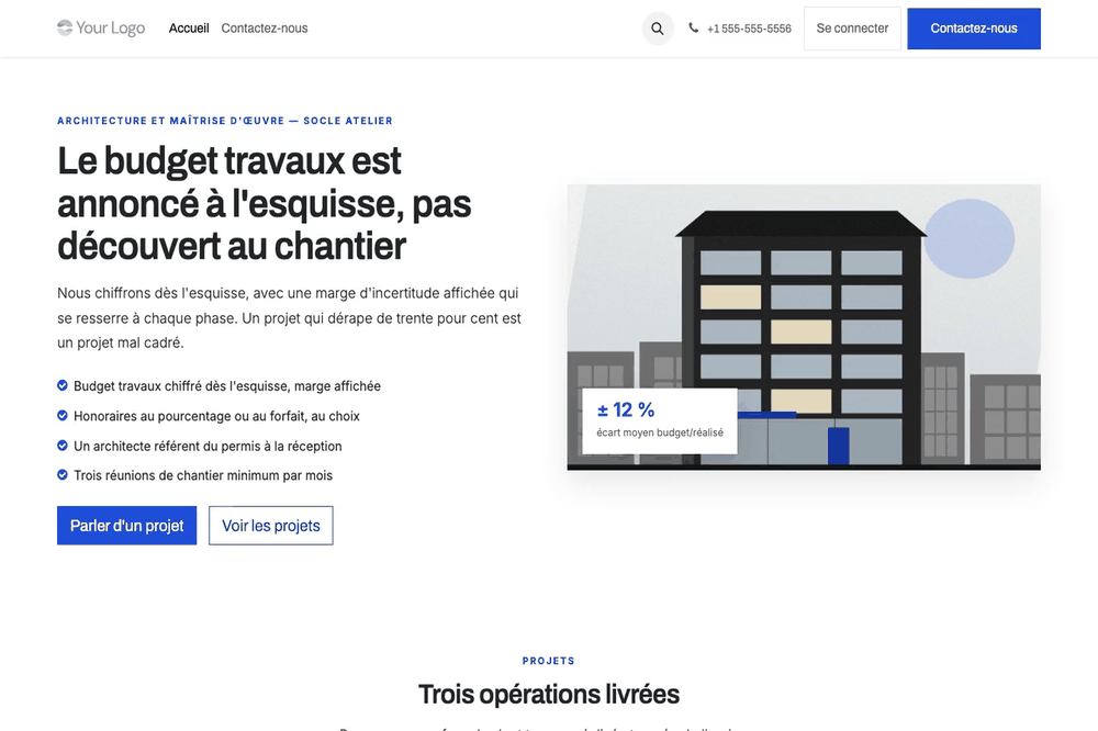 Capture d'écran — Thème Socle — Agence d'architecture et BE (gratuit)