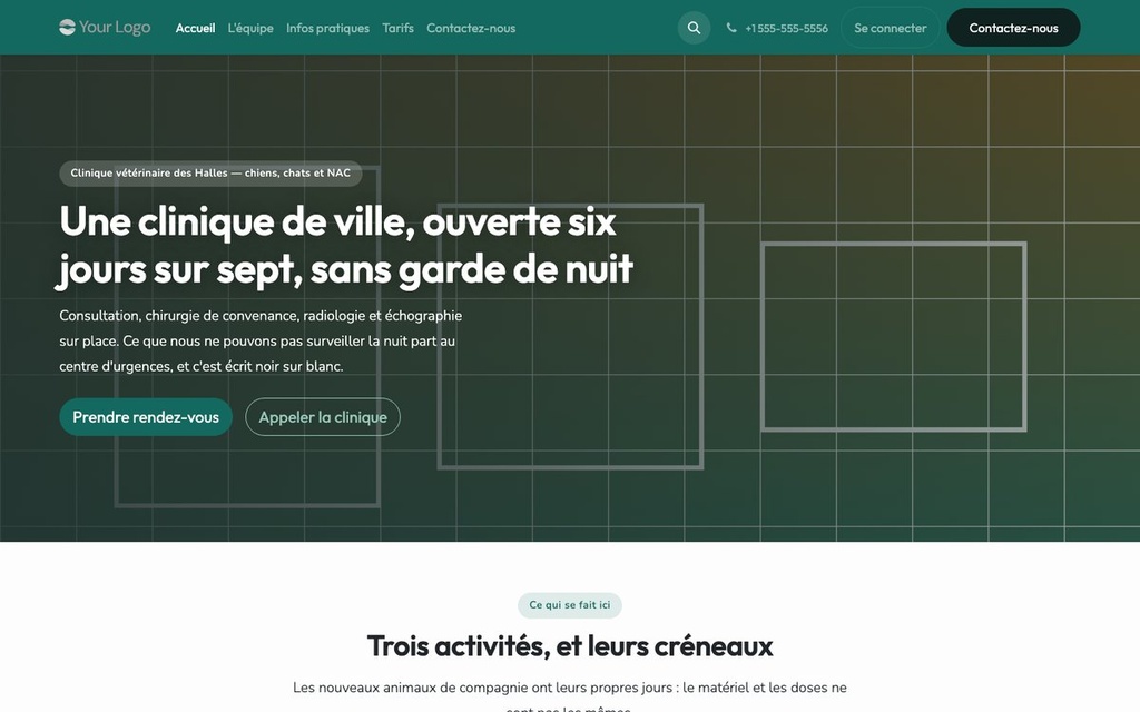Capture d'écran — Thème Museau — Clinique vétérinaire de ville (complet)